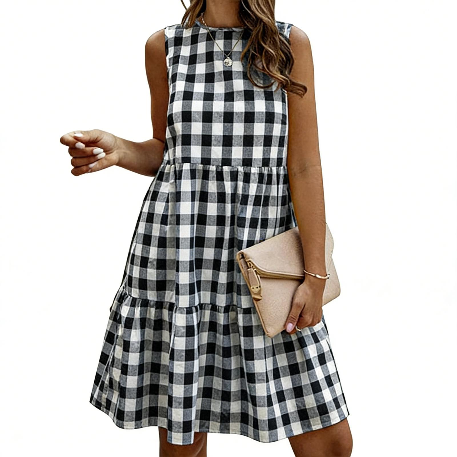 Women s Casual Round-neck Checkered Loose Dress L чёрный
