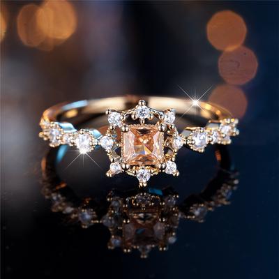 Princess Cut Champagne Zircon Engagement Rings for Women Vintage Gold Color Finger Ring Wedding Party Jewelry