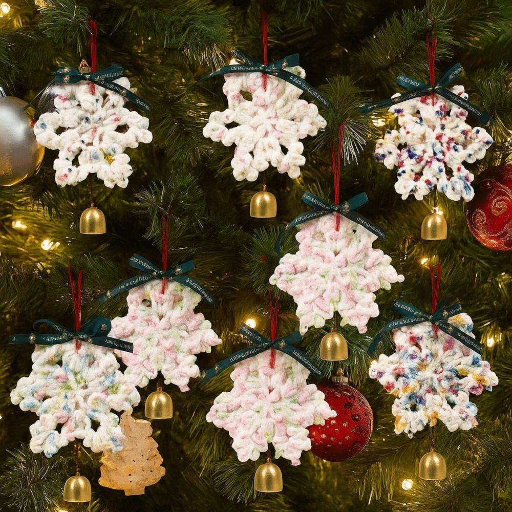 Hand-knitted Christmas Bell Pendant Creative 16cm Crochet Snowflake Pendant with Hanging Rope Ribbon Bow
