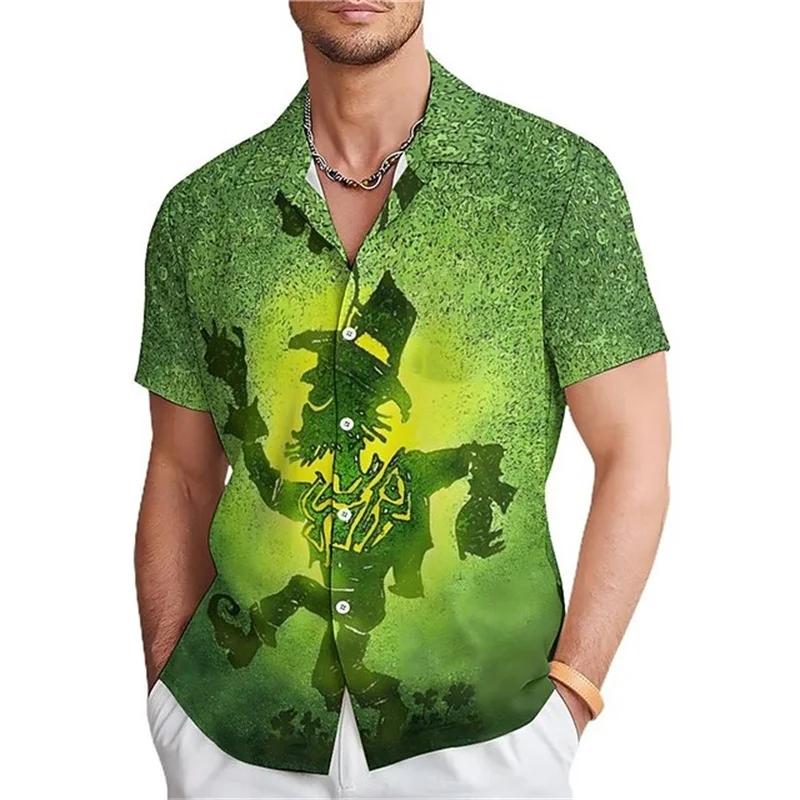 3D Print St Patrick Green Hawaiian Shirts For Men Casual Short Sleeve Button Up Surfing Shirt Tops Men's Beach Shirts Clothing