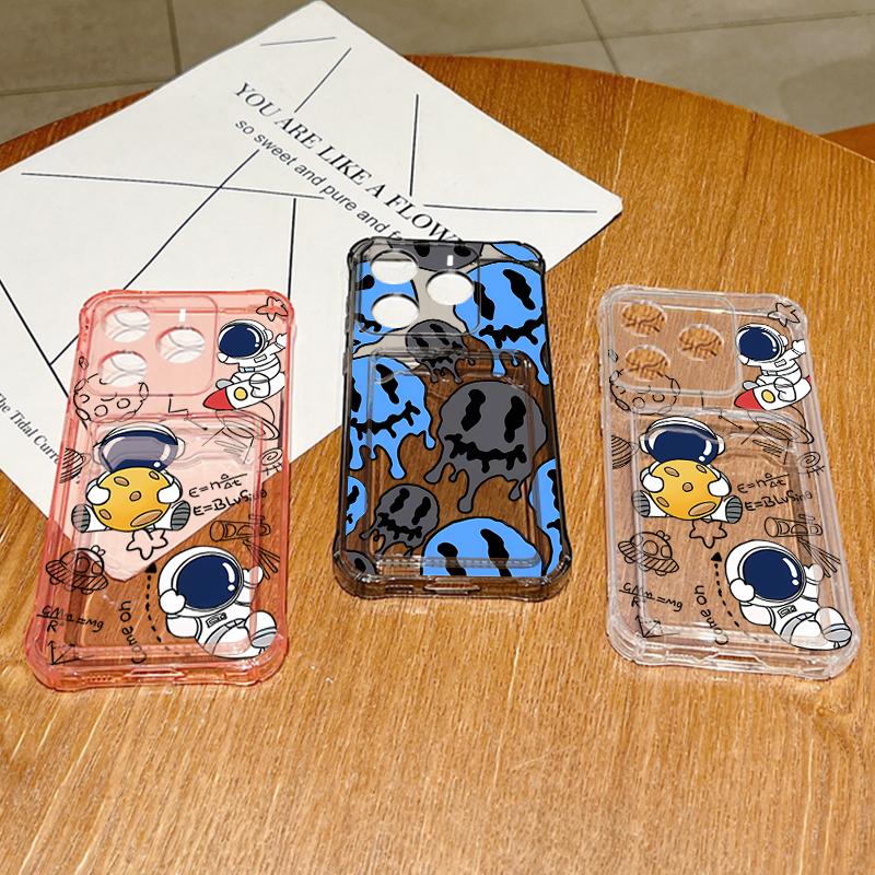 Astronaut Printed Card Slot Clear Phone Case For Xiaomi 14T 13T Pro Poco F6 Pro X6 C65 Redmi Note 13 Pro 12 11 Soft Silicone Shockproof Bumper Cover