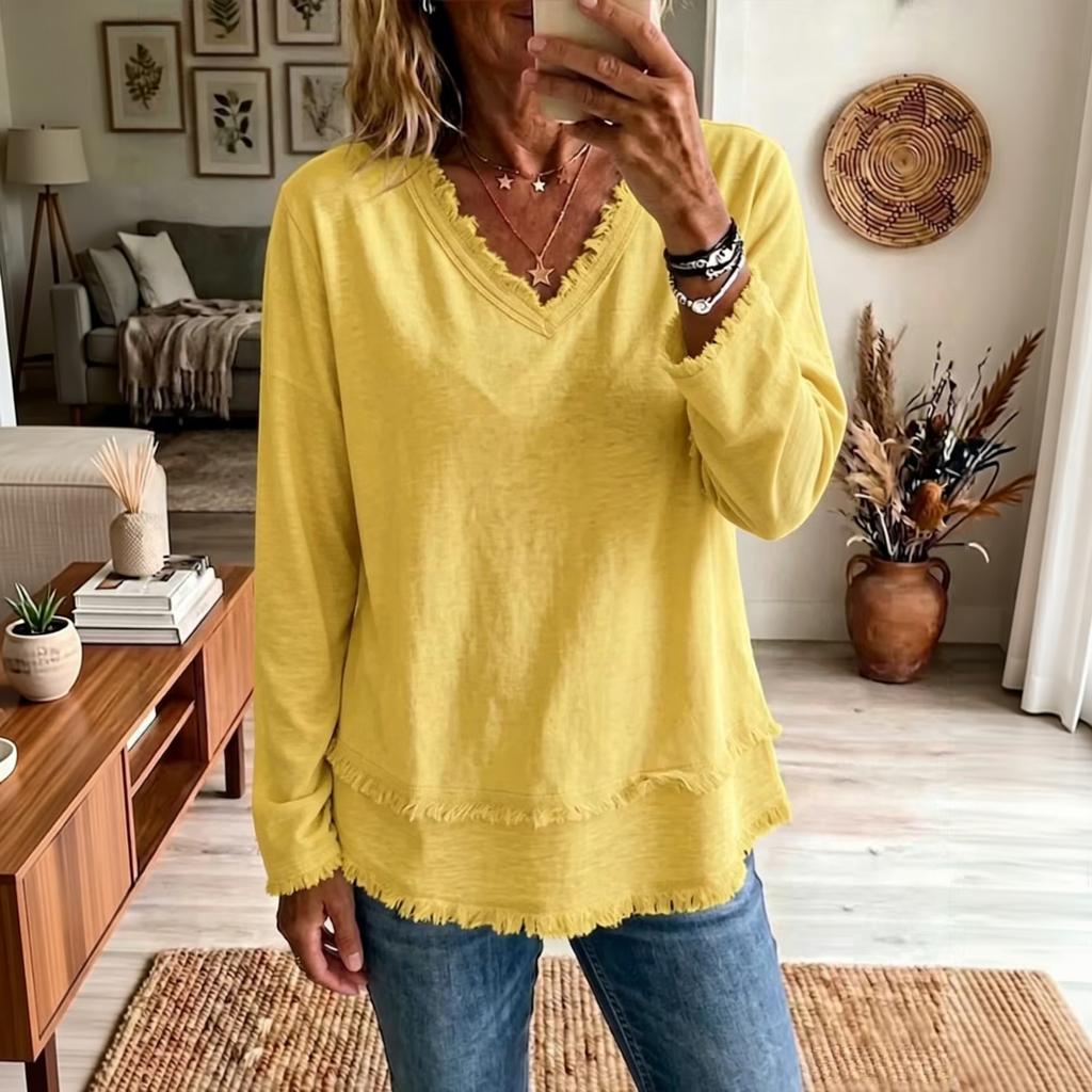 Women's Casual V-Neck Long Sleeve Cotton Linen Top Color