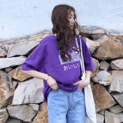Purple Short-sleeved T-shirt for Women's New Summer Clothing Korean Loose Large-size Printed Student Versatile Clothes for Women