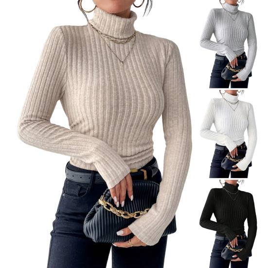 Women Knitting Tops Turtleneck Long Sleeve Solid Color Sweater Slim Fit Ribbed Bottom Tops Winter Knitwear