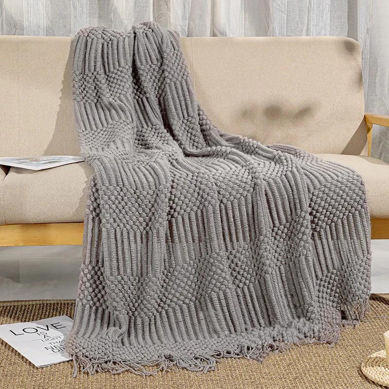 Nordische Strickdecke Einfarbig Sofadecke mit Quasten Reise Leichte Luxusdecke Pucken für Bett Heimdekor 130x180cm