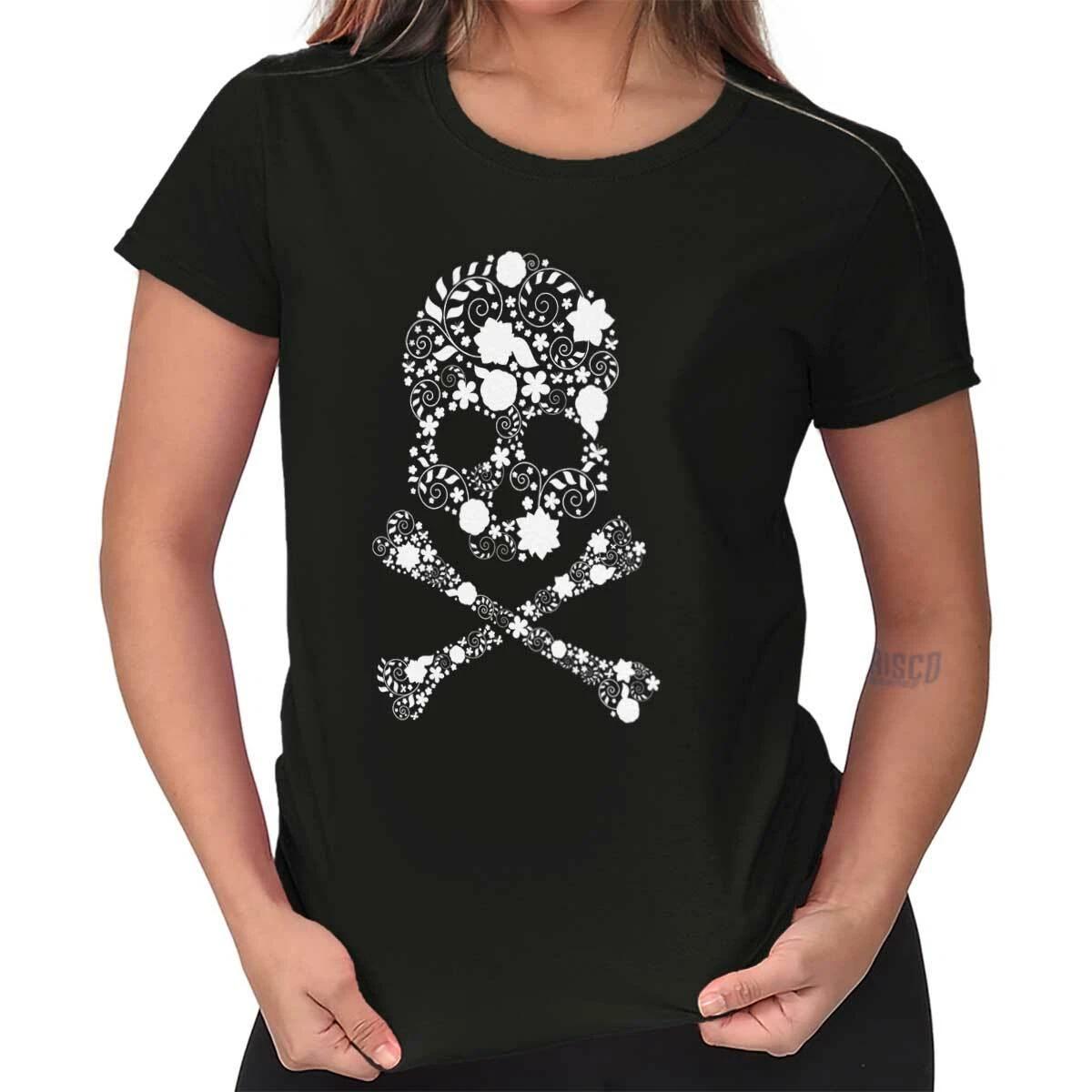 Cute Goth Punk Floral Skull and Crossbones Womens Top Junior Graphic Tee XXXXL