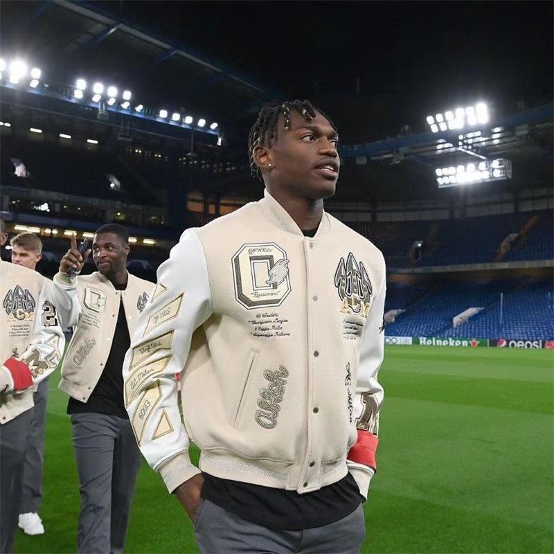 Tide Brand AC Milan Embroidered Leather-Sleeve Versatile Baseball Jacket