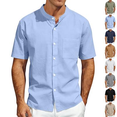 Men Linen Shirt Stand Collar Short Sleeve Button Down Casual Loose Fit Breathable Summer Top with Chest Pocket for Daily Wear