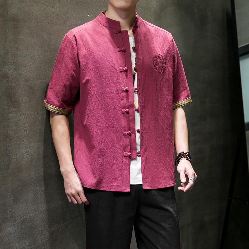 2024 Men s Plus Size Frog Button Hanfu Style Cotton Linen Short Sleeve Shirt 4XL бордовый