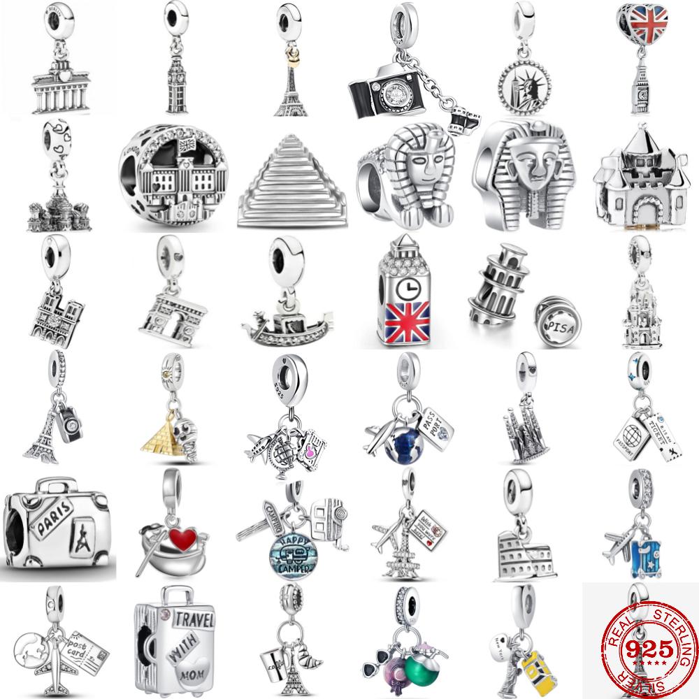 925 Silber Reise-Reisepass-Charm-Perlen mit Eiffelturm Big Ben Anhänger DIY Modearmband für Damen Schmuck