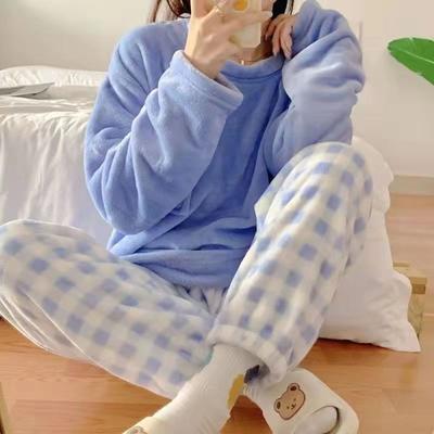 Fleece Hřejivý Dámský Pyžamový Set Zimní Noční Prádlo Ležérní Jednobarevný Top a Kostkované Kalhoty Měkký Pyžamový Set pro Ženy Domácí Oblek