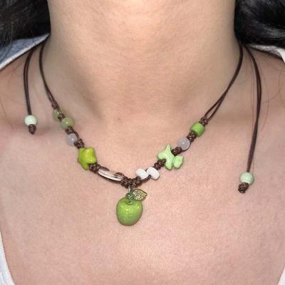Fashion Green Apple Pendant Necklaces for Women Cute Ceramic Handmade Beaded Adjustable Choker Necklaces Birthday Zircon Gifts