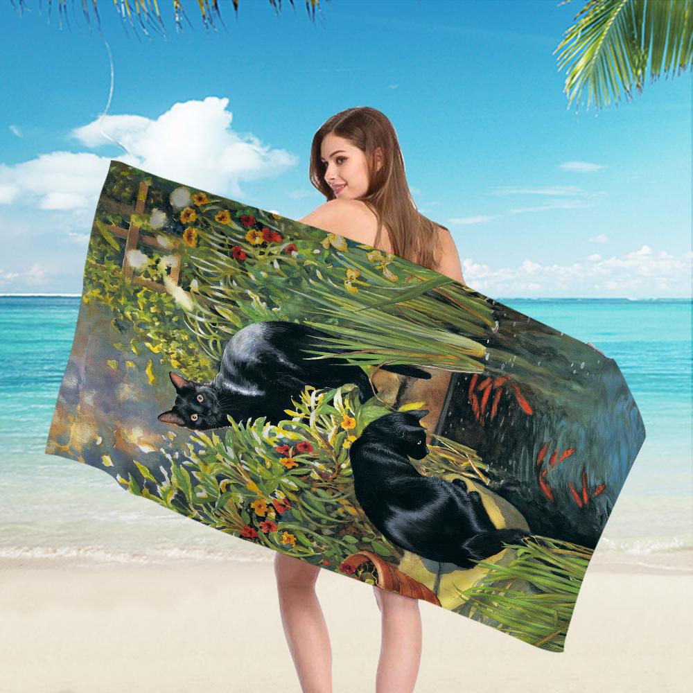 Schwarze Katze Kunst Ölgemälde Handtuch Mikrofaser Strandhandtuch Saugfähig Schnell trocknend Weich Yoga Schwimmen Resort Bergsteigen Handtuch