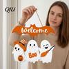 Three Dimensional Witch Hat Signs Cute White Ghost Halloween Door Hanger, Pumpkin Welcome Happy Synthetic Wood Holiday Hangers Sign, Easy Hang