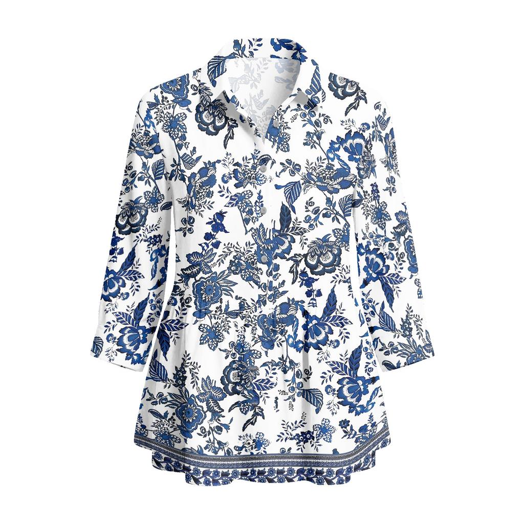 Women's Button Front Vintage Floral Print Shirt Top Three Quarter Sleeve Loose Fit Blouse with Lapel Collar Casual Wear