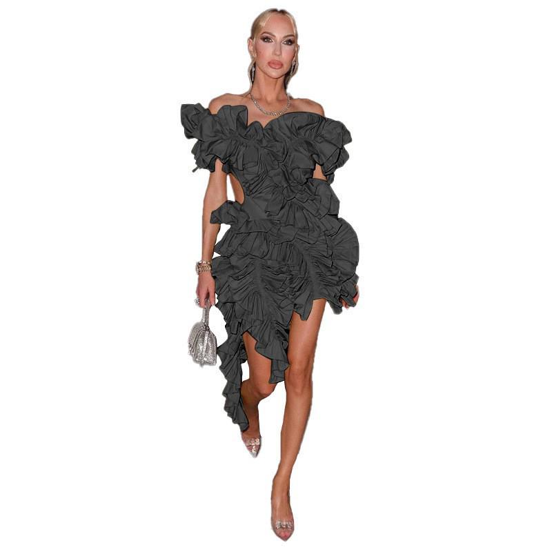 Women's Sleeveless Backless Pleated Little Black Dress with Irregular Rolled Hem