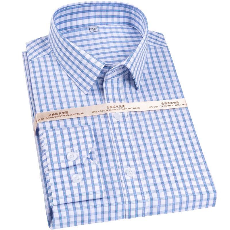 Official Formal Pure Cotton Iron Free Square Collar Business Men Plaid Shirts Long Sleeve Anti Wrinkle