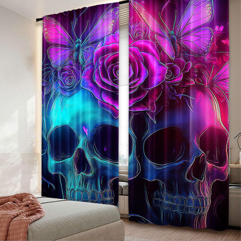 

2 шт. шторы в стиле хиппи с сахарным черепом, розовые с цветочным узором, готические шторы со скелетом, шторы на Хэллоуин для гостиной, столовой 29x65in(75x166cm)