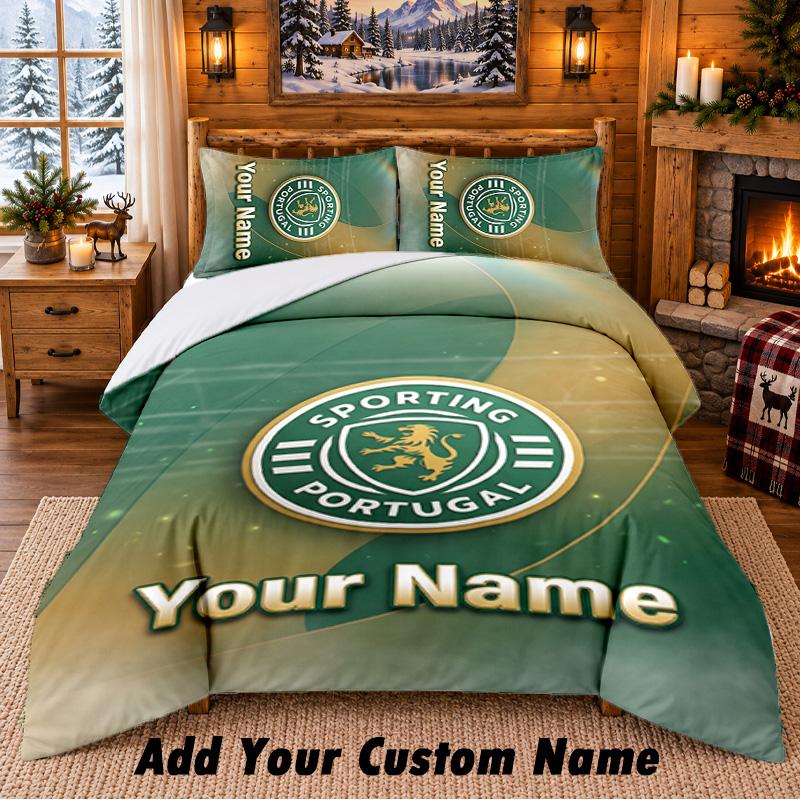 Set de așternut 3 piese cu model Sporting CP Nume personalizat, Cearșaf și Fețe de pernă Pentru Dormitorul de Acasă