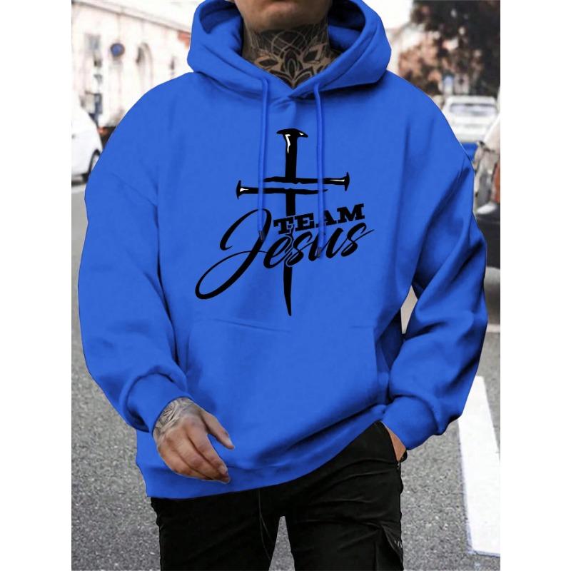 Team Jesus Letter Design Printing Men's Sweatshirt Fashion Warm Hooded Casual Pocket Hoodies Autumn Loose Streetwear