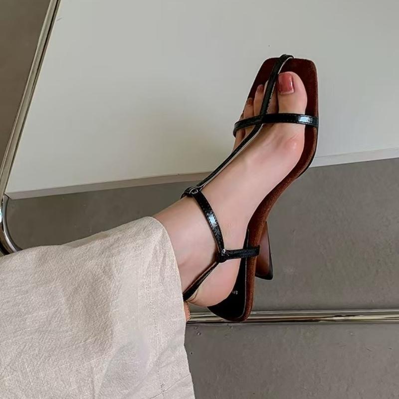 

Fashion Sexy Women Heeled Sandals Square Toe High Heels Shoes Woman Slingback 2025 Trend Summer Elegant Pumps Dress Shallow Sandalias 34 чёрный