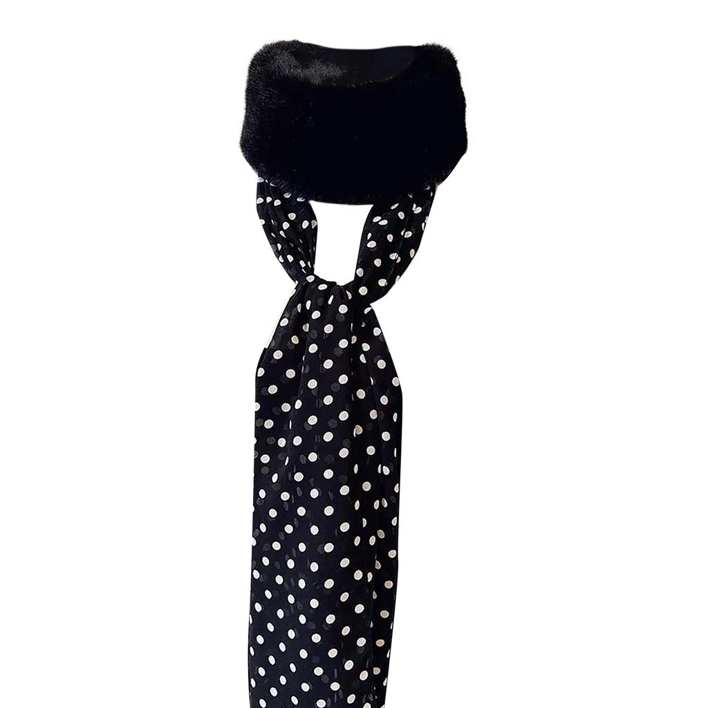 Winter Furry Plush Collar Scarf Women Warm Shawl Wrap Scarves with Silk Ribbon Leopard Pattern Patchwork Neckerchief