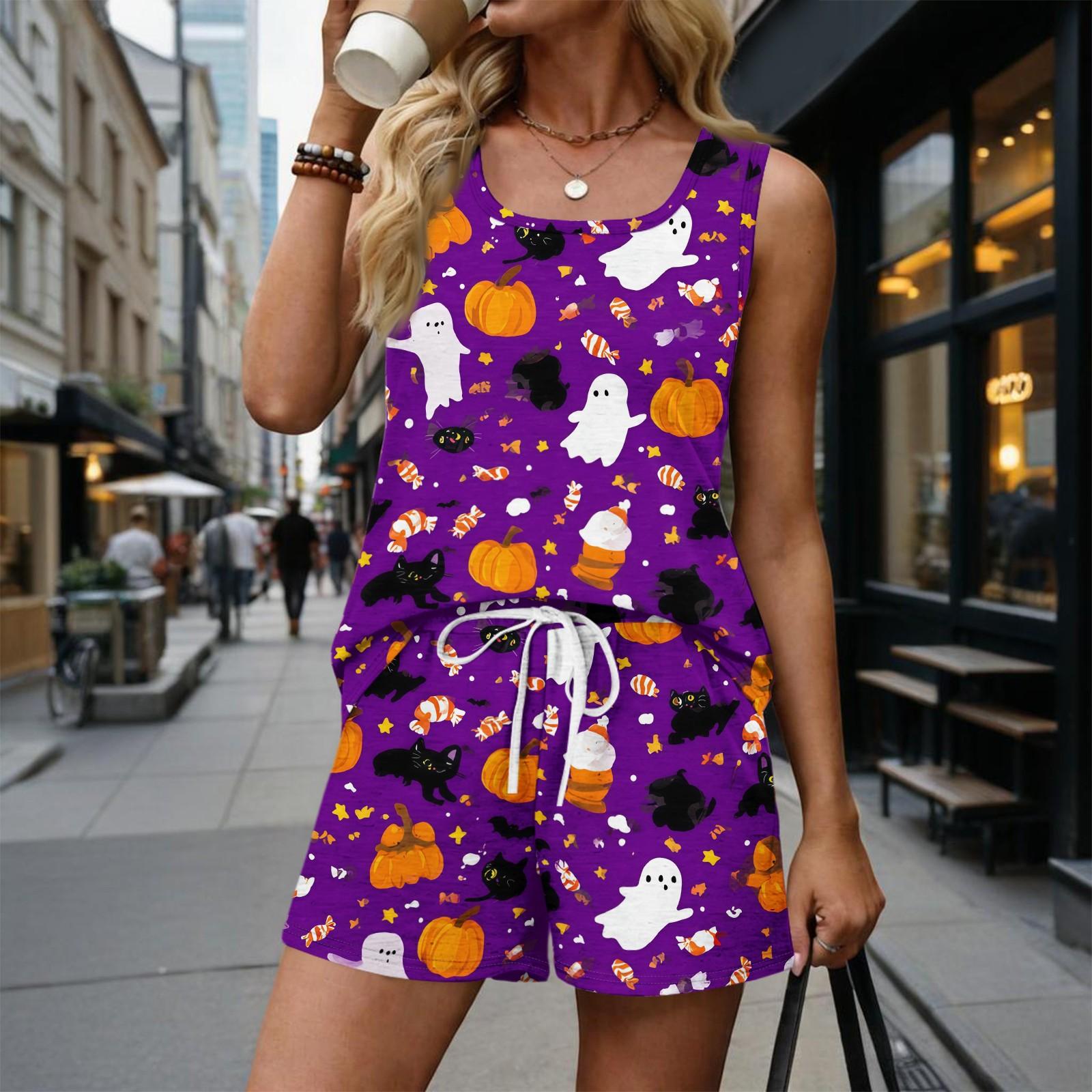 Women s Casual Halloween Color-Block Printed Sleeveless Set XL