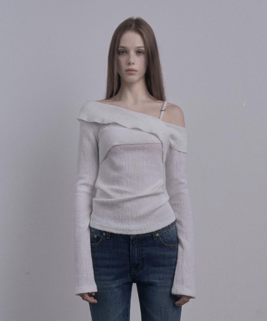 DAMIO Ruffle Draped Off Shoulder Knit Top (White)