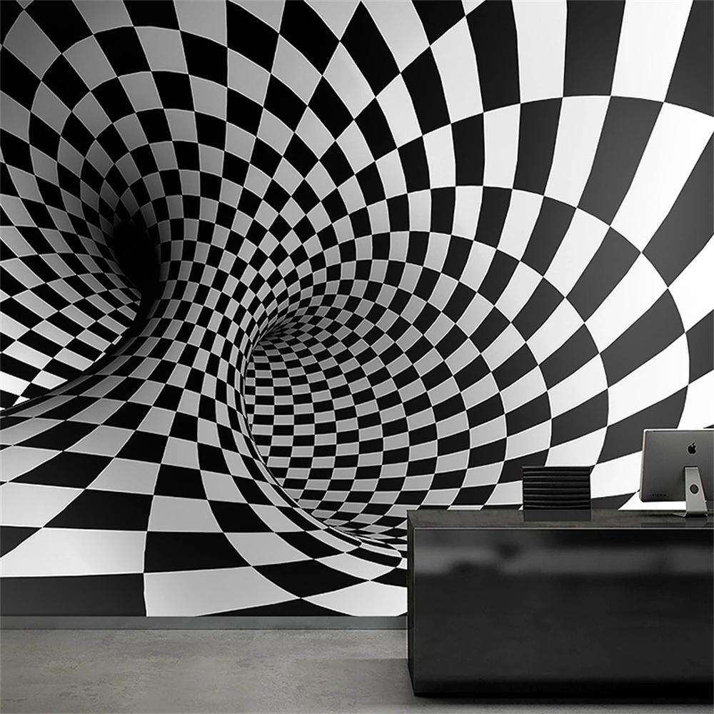 Tapet cu dungi alb-negru pentru extindere vizuală a spațiului din living, mural minimalist geometric tunel, tapet fundal TV