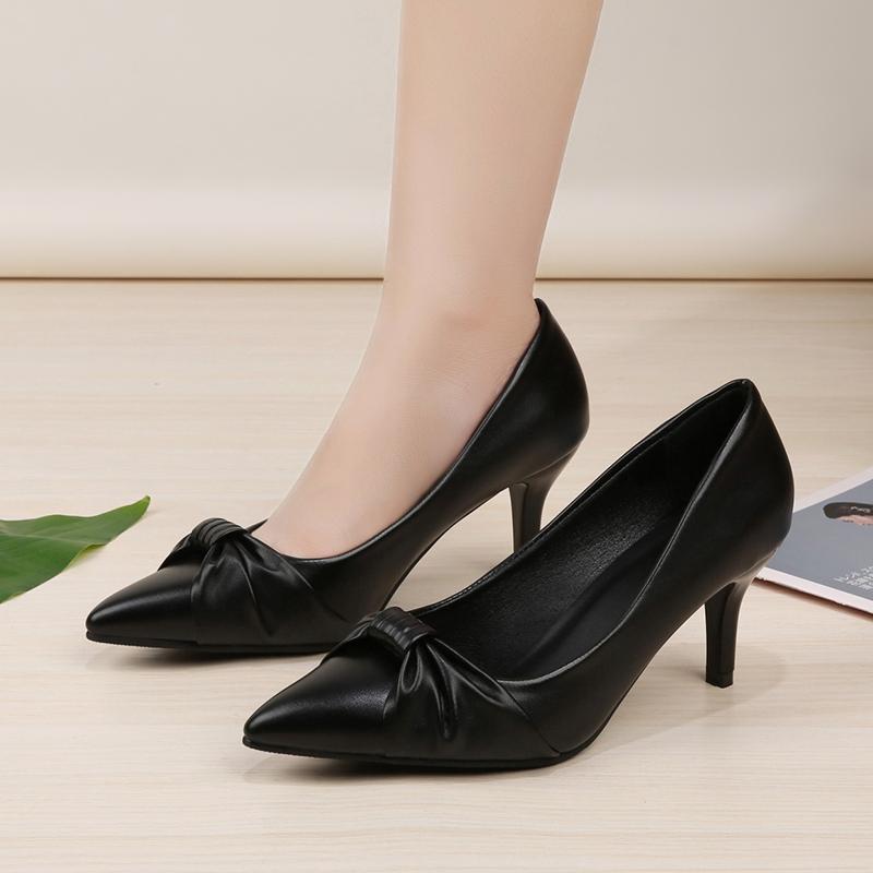 Classy Women's High Heels Fashion Bow Pointed-toe Pumps Mid Heel Office Lady Slip-on Work Shoes Black Stiletto Heels