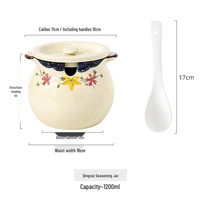 Japanese Double-Handle Ceramic Lard & Chili Oil Jar, Large Capacity, Heat-Resistant, with Lid & Spoon