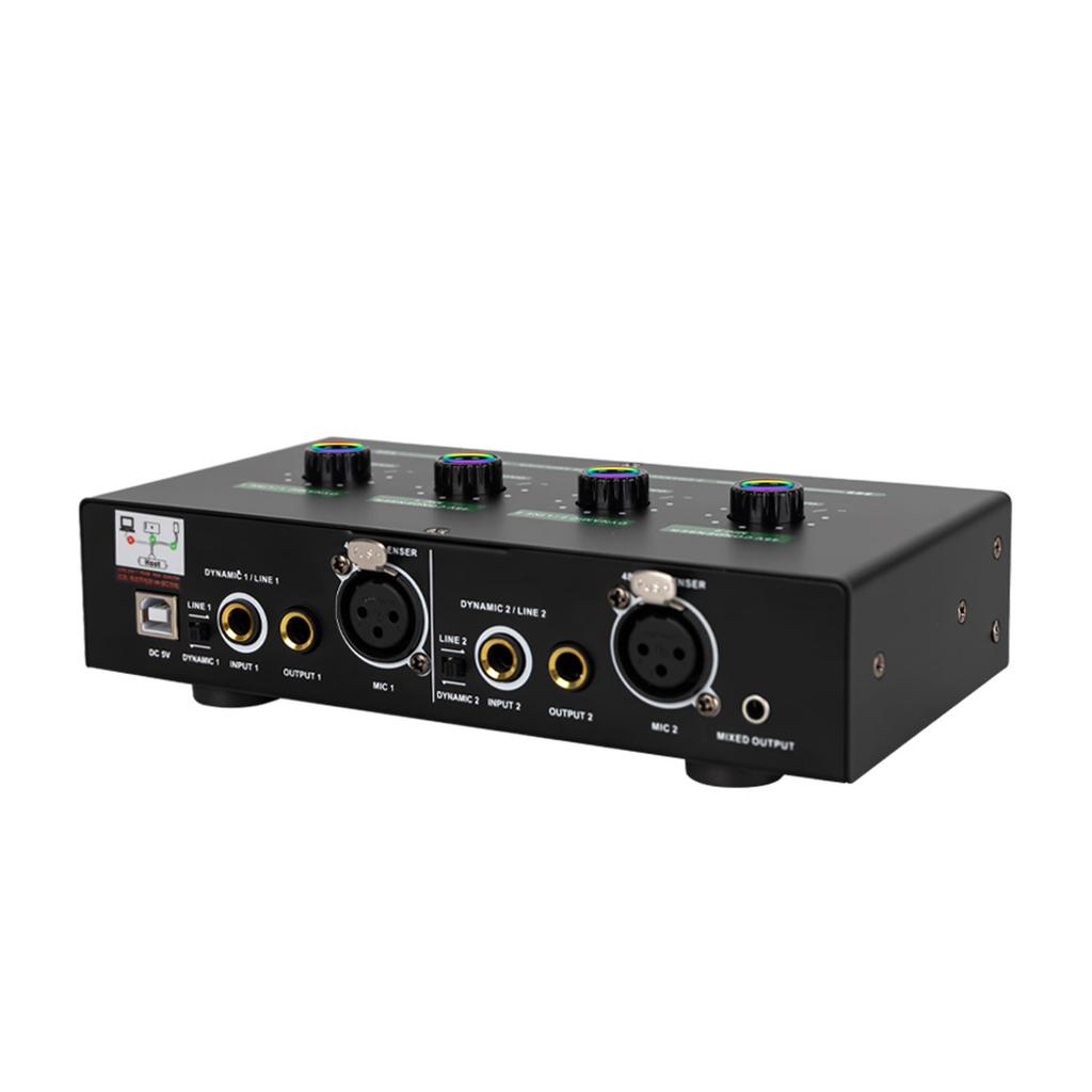 2 Channel Microphone Sound Interface Amplifier with Reverb 2 Input 48V Phantom Power Rechargeable Compact Design for