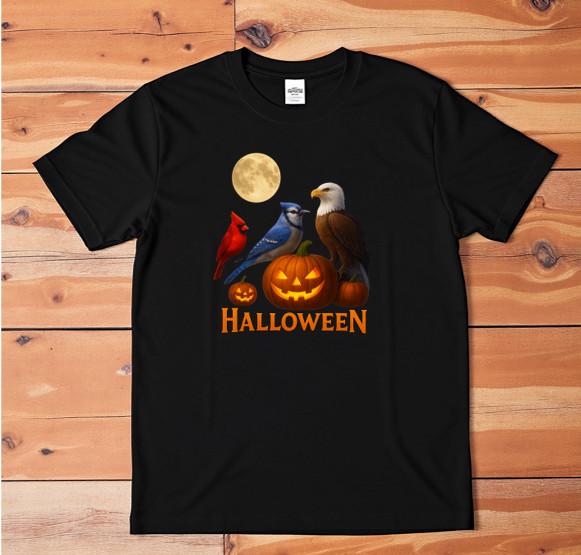 Halloween Birds Pumpkin Moon Graphic Tee Cardinal Blue Jay Eagle Shirt M