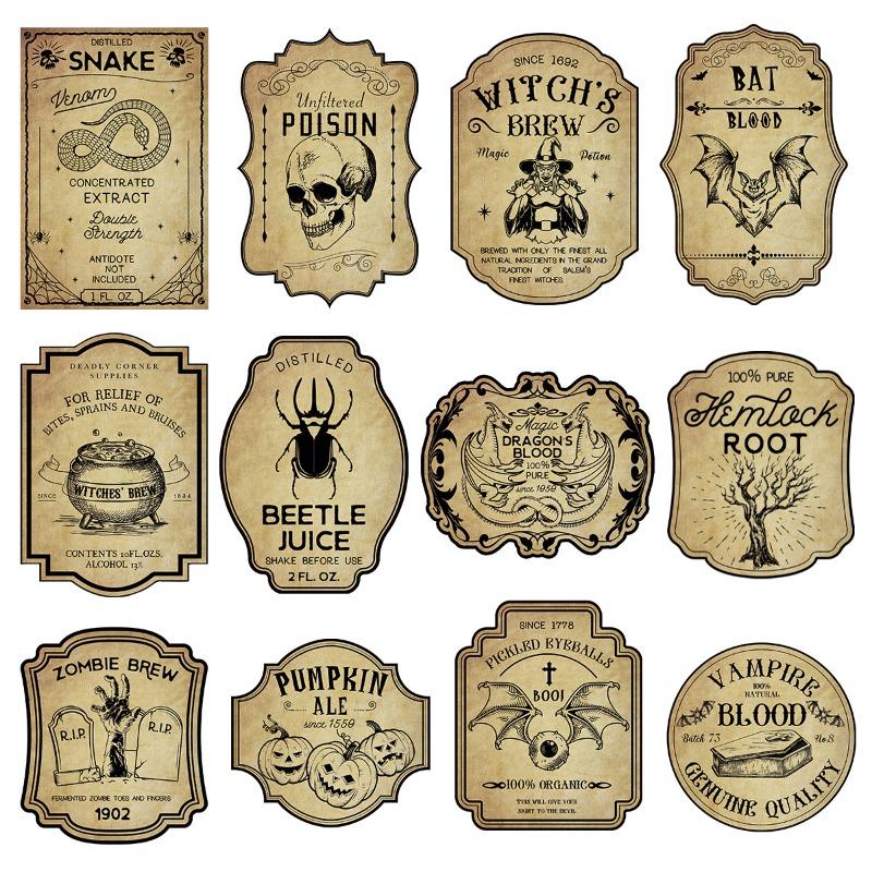 12Pcs Halloween Retro Horror Gothic Wine Bottle Labels Sticker Vintage Witch Graffiti Potion Decals For Halloween Party Decor