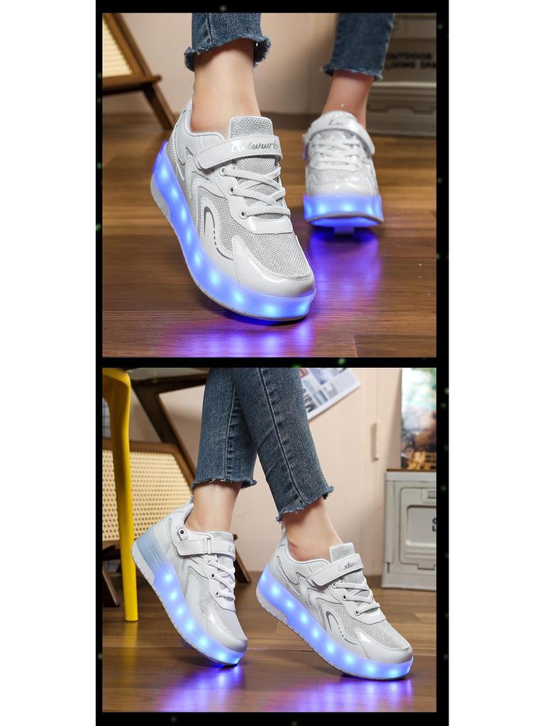 Children's Purple and White Convertible Four-Wheel Roller Shoes with Double-Wheel Hidden Skates