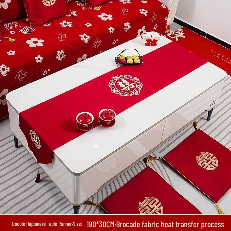 Red Double Happiness Wedding Table Runner - Chinese Dining Table & TV Cabinet Festive Decoration