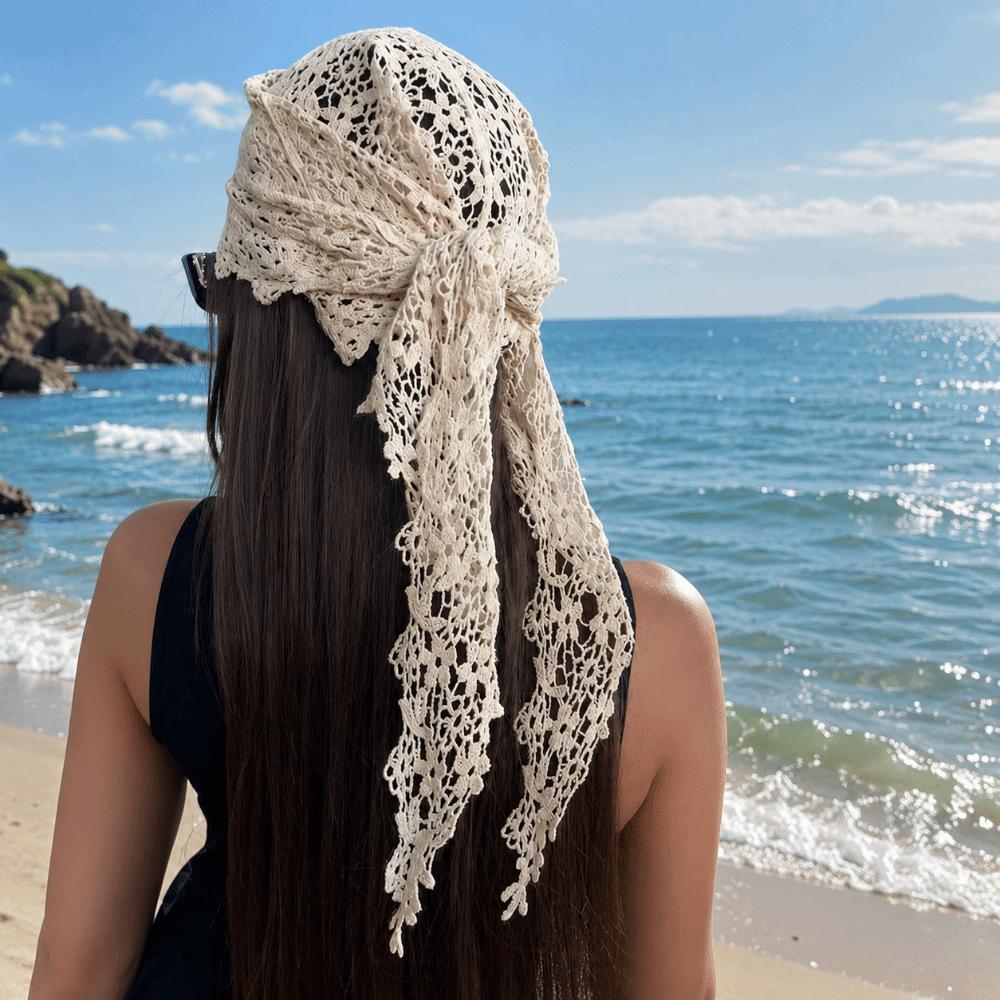 Hollow Design Floral Lace Scarf Solid Color Knitted Scarf Sweet Beach Hair Band Beach Outfits