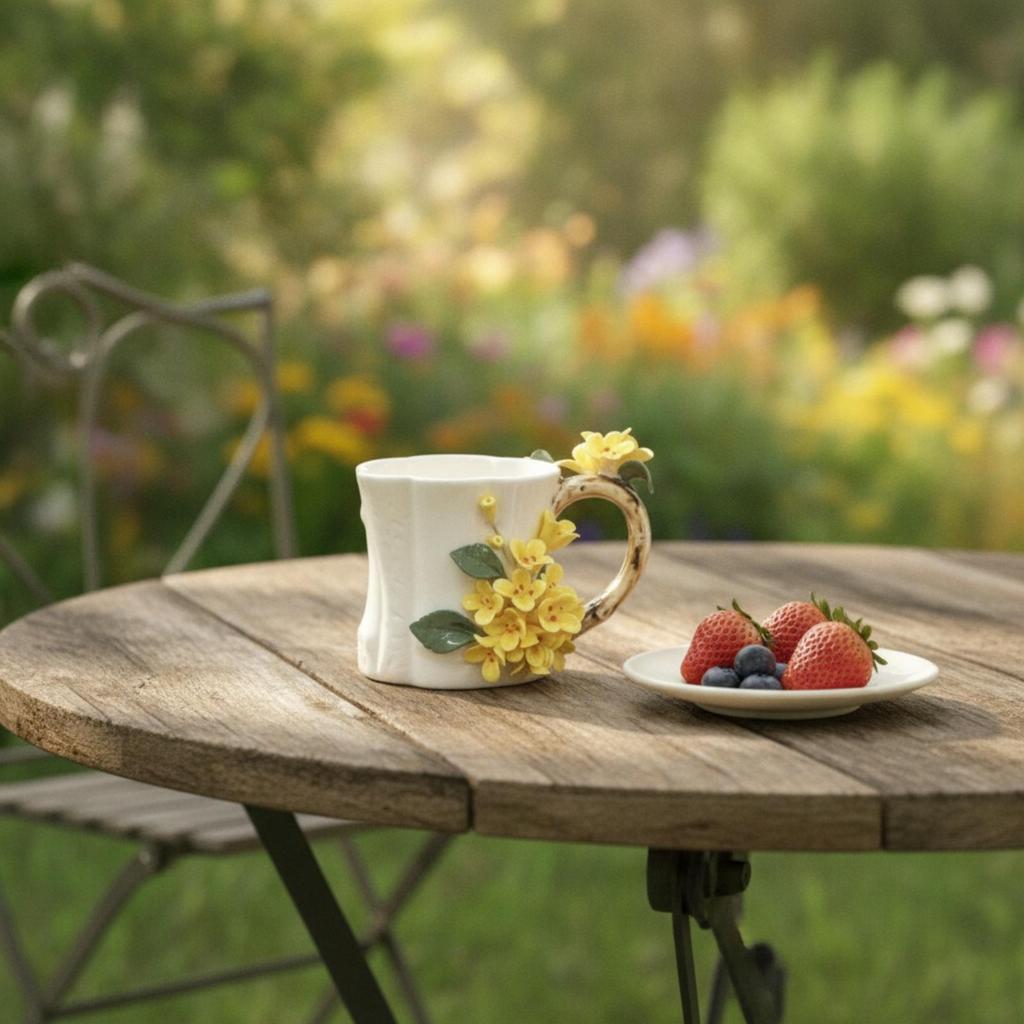Ceramic Mug with Branch Handle Sculptural Floral Decoration Comfortable