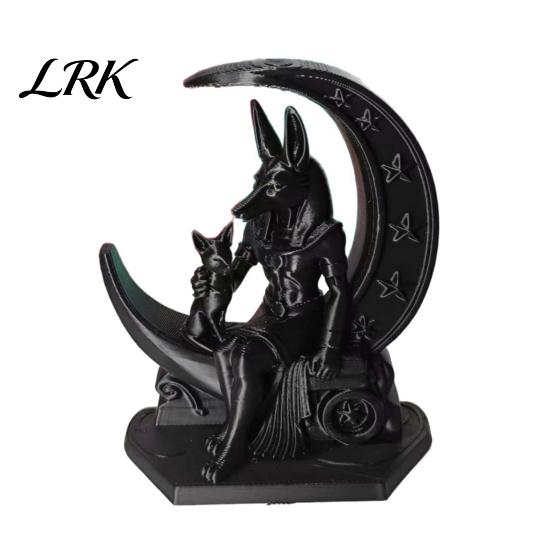 Unique Atmosphere Ornaments 3D Printed Anubis Moon Figurine, Ancient Egyptian Mythology Statue, Black Matte Home Accents Dark Style Wolf Desk