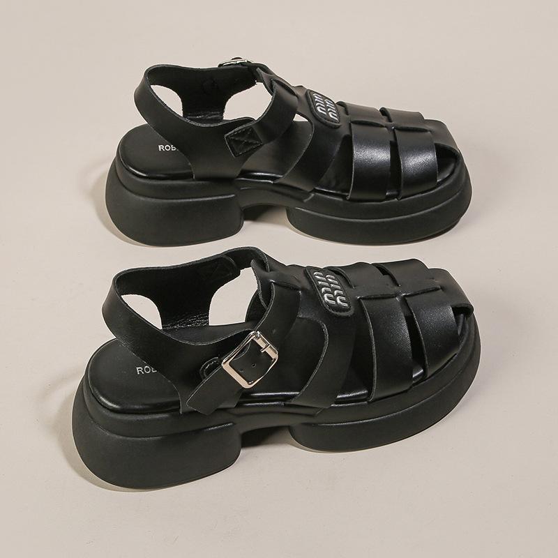 Baotou Roman sandals women's shoes 2025 new thick-soled heightening woven small pig cage shoes hollowed out beach