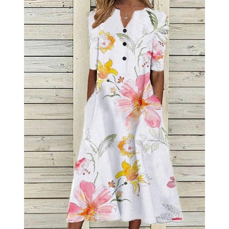Women's Spring and Summer Printed Pocket V-neck Loose Casual Long Dress