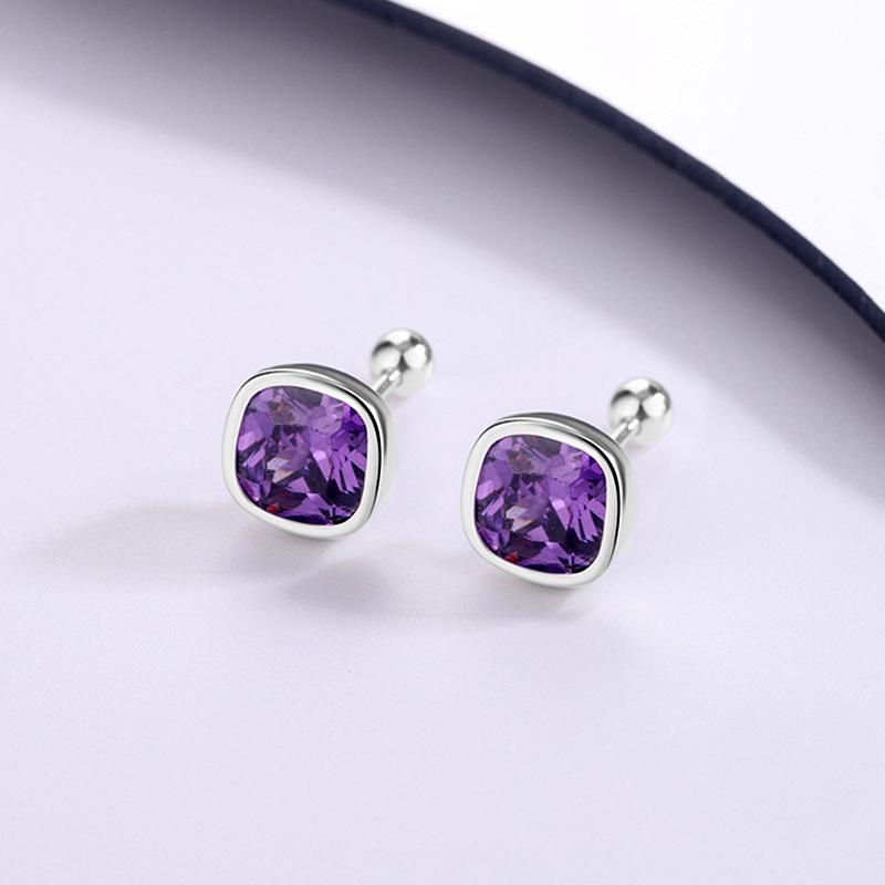 Purple Geometric Square Diamond Stud Earrings - Elegant French Fashion Design