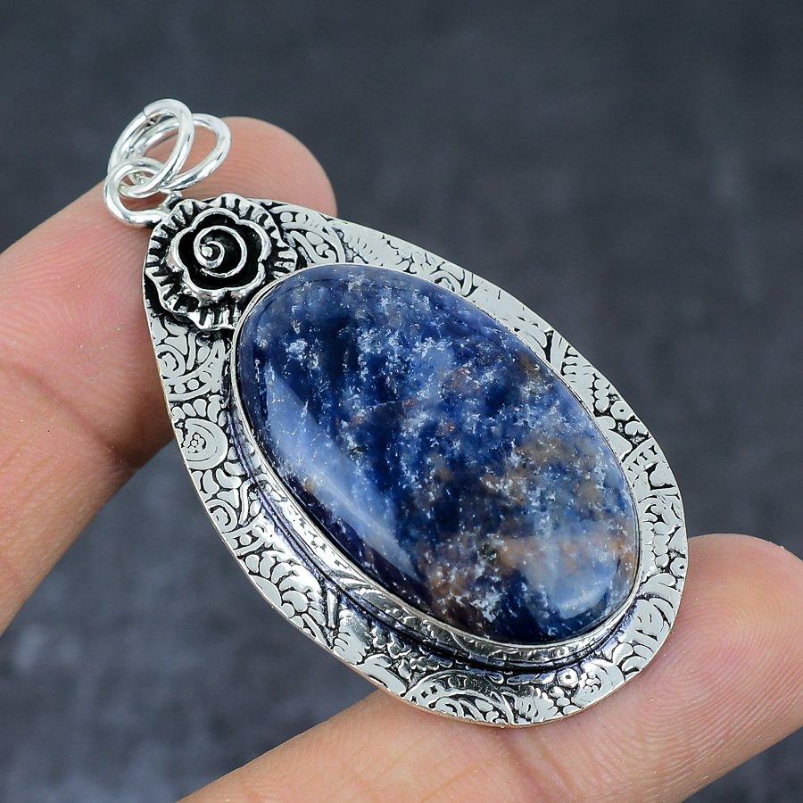Natural Sodalite Gemstone 925 Sterling Silver Jewelry Pendant 2.48" V5p37