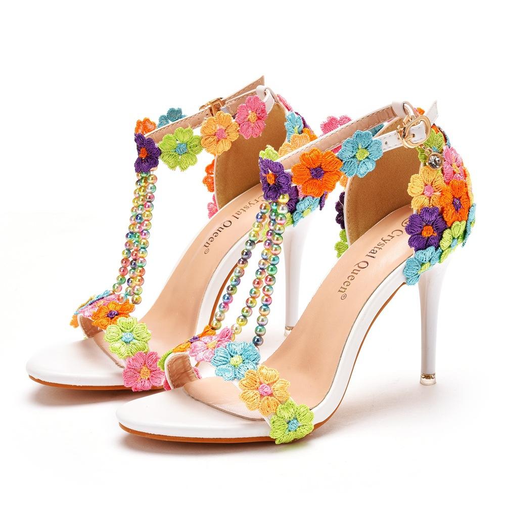 9cm High Heel Sandals Bridesmaid Wedding One-liner Straps National Style Colorful Lace Roman Sandals for Women