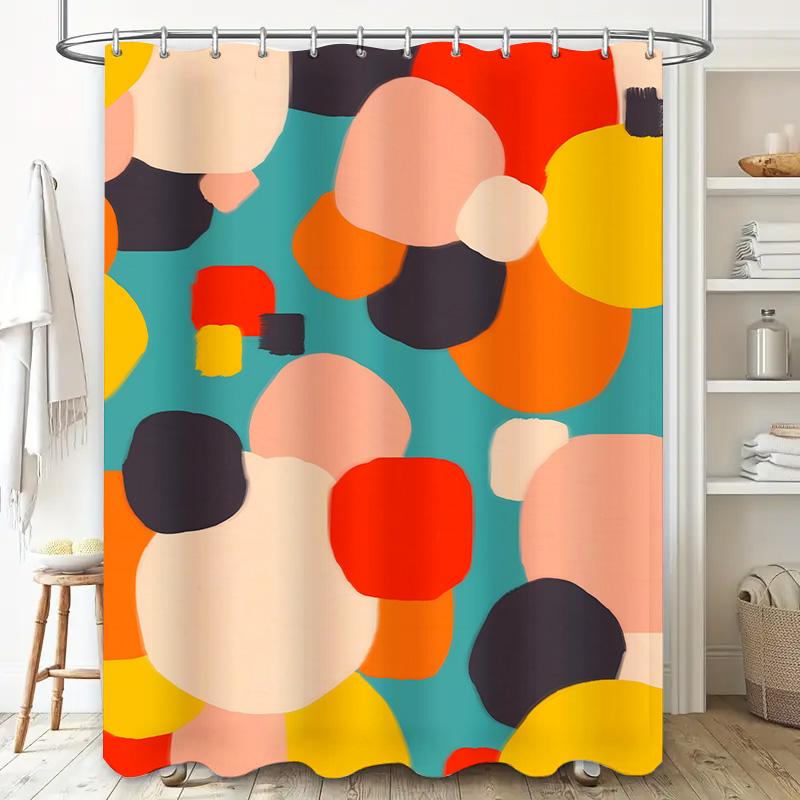 Modern Colorful Bathroom Shower Curtain Abstract Round Design In Red, Yellow, Blue Black For Home Decor