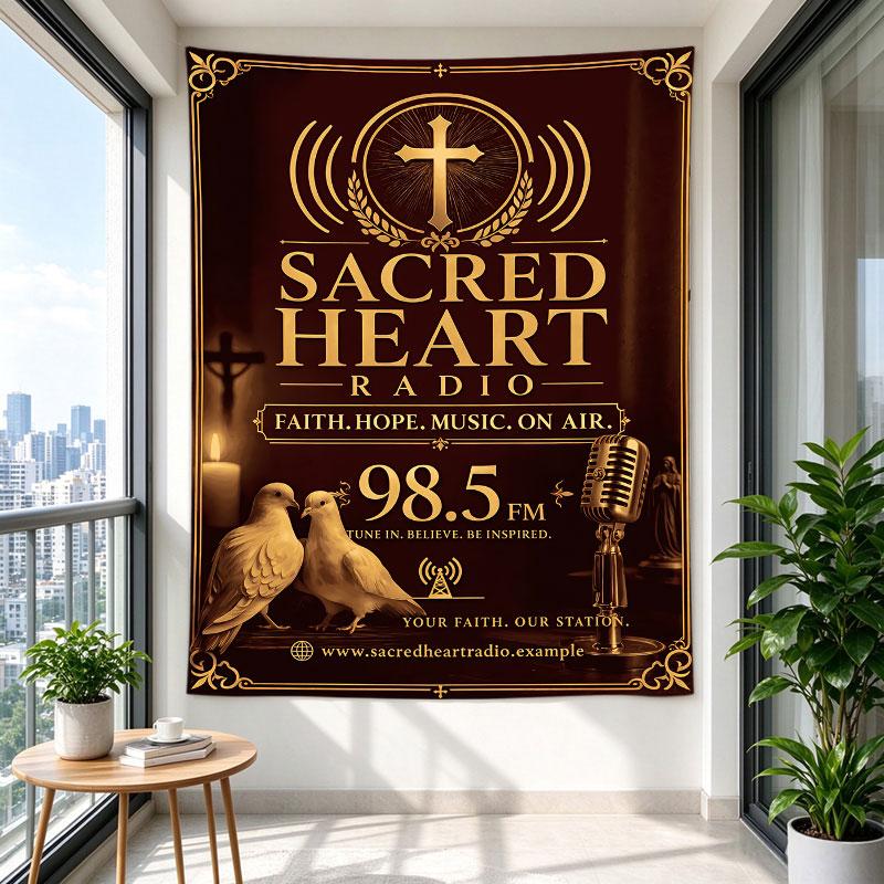 Sacred Heart Radio Vintage Gold Cross Faith Poster Art