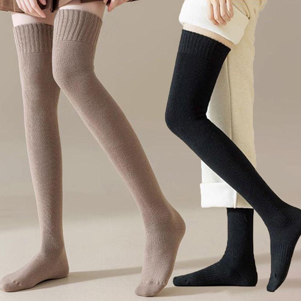 1 Pair Fleece-lined High Knee Socks Solid Color Over-Knee Socks  Warm Knees and Legs