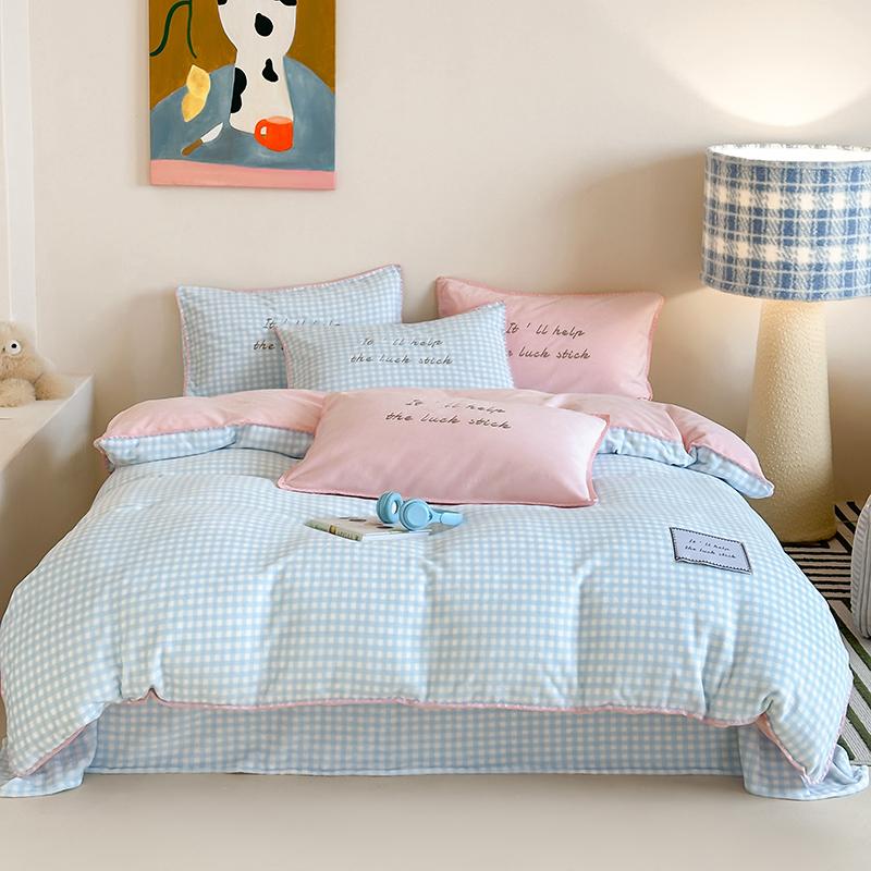 Light Blue Striped Duvet Cover Set with Sheet and Pillowcases Autumn Winter Warm Milk Velvet Bedding Set for Single Double Bed