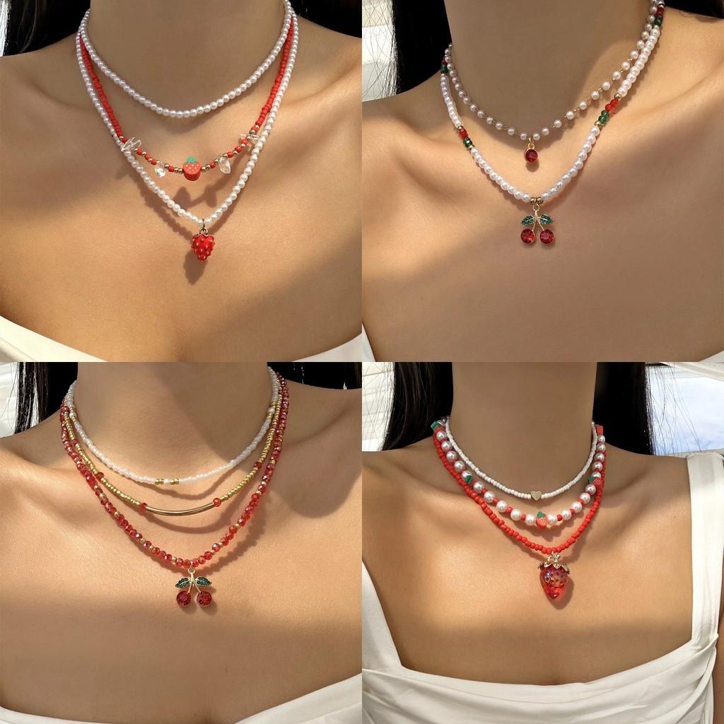 Romantic Heart Pearl Choker Necklace With Cherry And Strawberry Charms For Girls
