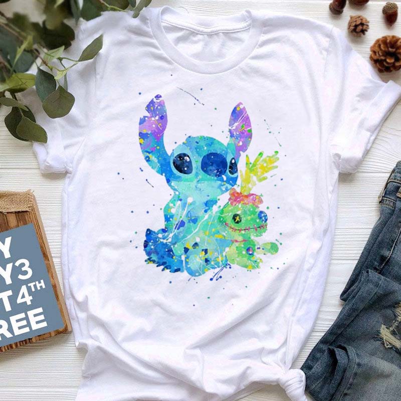 Disney Lilo Stitch Cute Cartoon Print Women T-Shirt Summer Streetwear Short Sleeve T Shirt Fashion Casual Female Clothes Tops